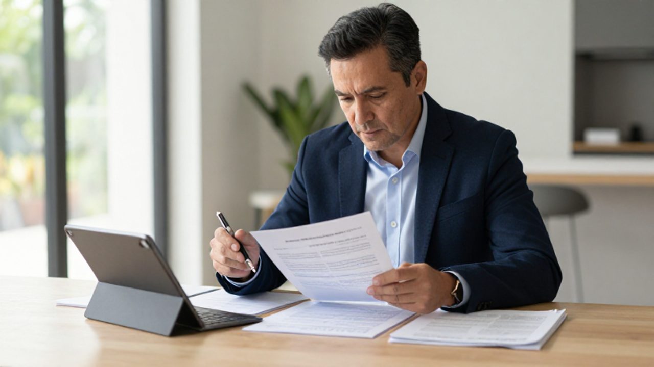 Emprendedor revisando documentos de seguros y hojas de cálculo en un despacho moderno y luminoso.
