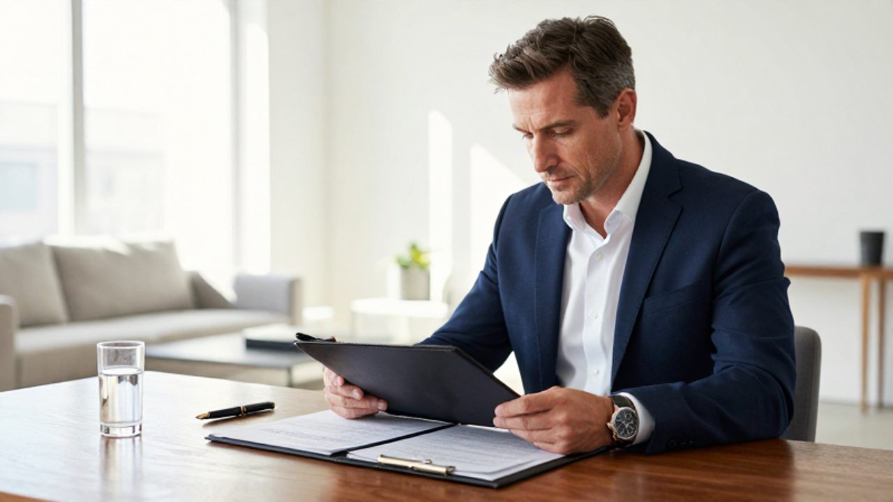 Hombre de mediana edad revisando documentos financieros con tranquilidad en su oficina en casa.