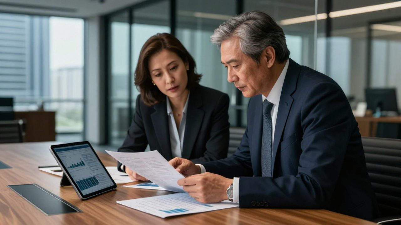 Dos gestores financieros analizan informes y gráficos de mercado en una oficina moderna.