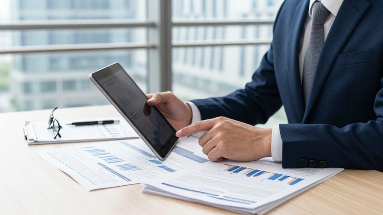 Analista financiero estudia con atención informes de inversión y tendencias de mercado sobre un escritorio en una oficina moderna.