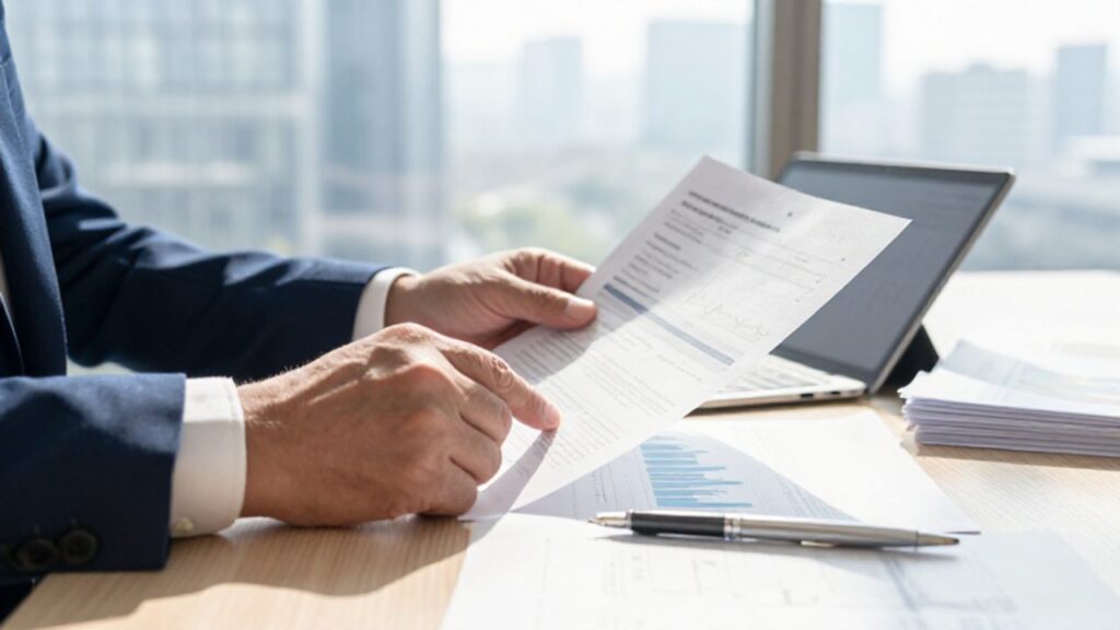 Manos de un analista financiero revisando documentos de fondos de inversión y gráficos en un escritorio de oficina moderno.