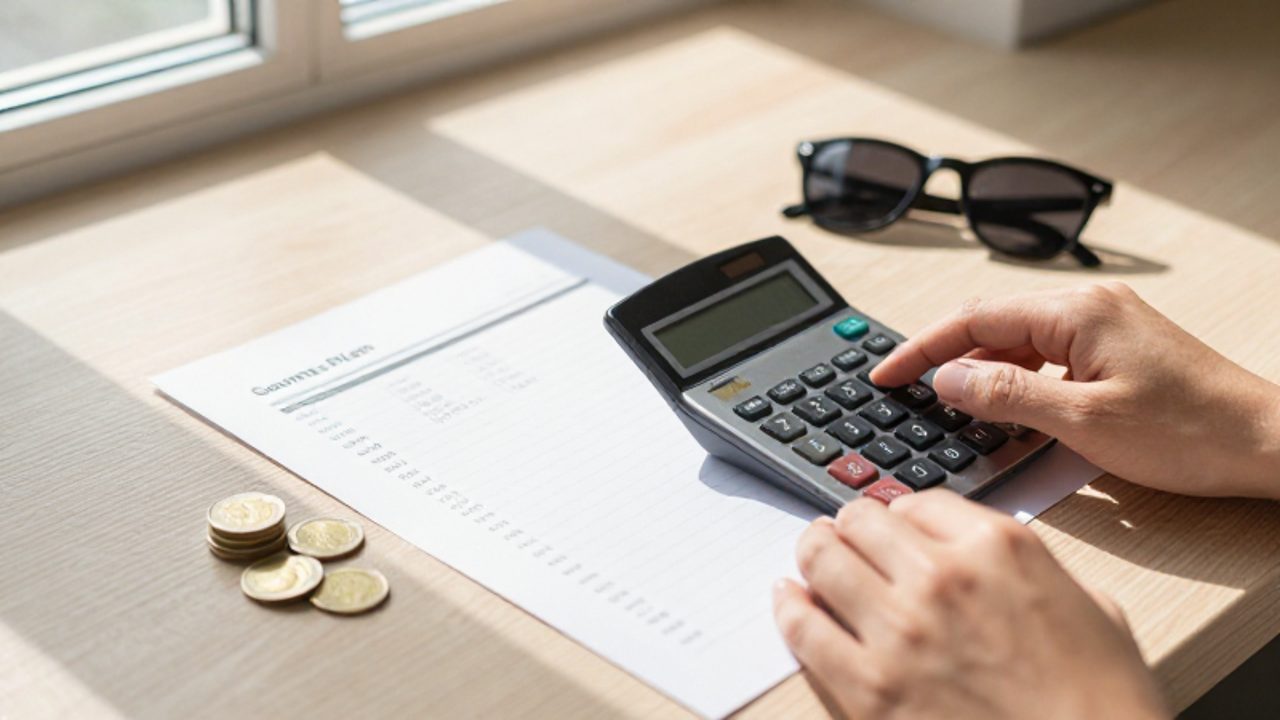 Manos de una persona usando una calculadora y una agenda con anotaciones sobre un escritorio de madera, junto a unas monedas y gafas de sol.
