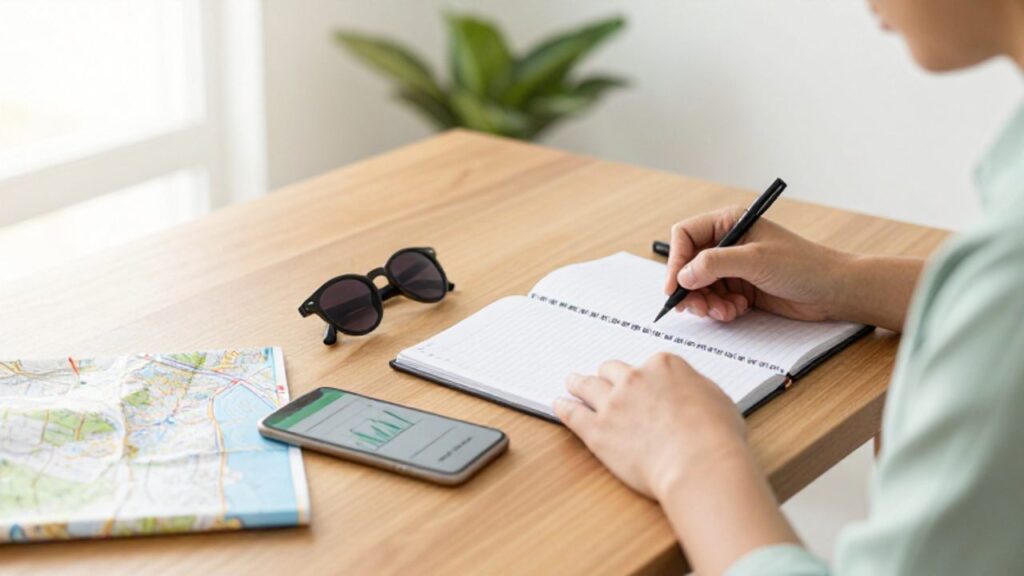Persona organizando un presupuesto de viaje en un cuaderno sobre un escritorio junto a un teléfono con un gráfico de ahorros.