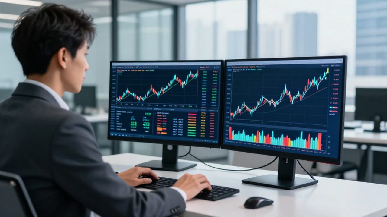Analista financiero revisando en monitores la diferencia entre gráficos de mercado fluctuantes y una línea de índice de crecimiento constante.