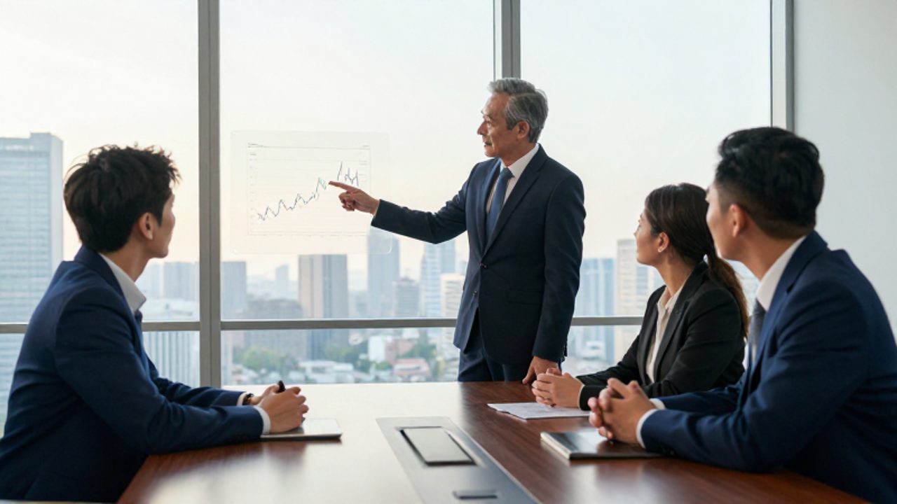 Tres gestores de fondos financieros conversan con confianza en una sala de juntas moderna mientras analizan un gráfico financiero.
