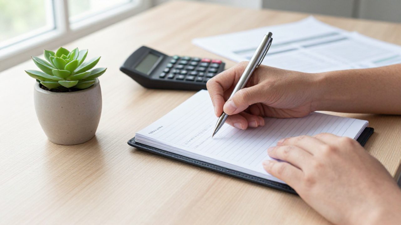 Manos organizando la planificación financiera sobre un escritorio de madera con una agenda, una calculadora y documentos.