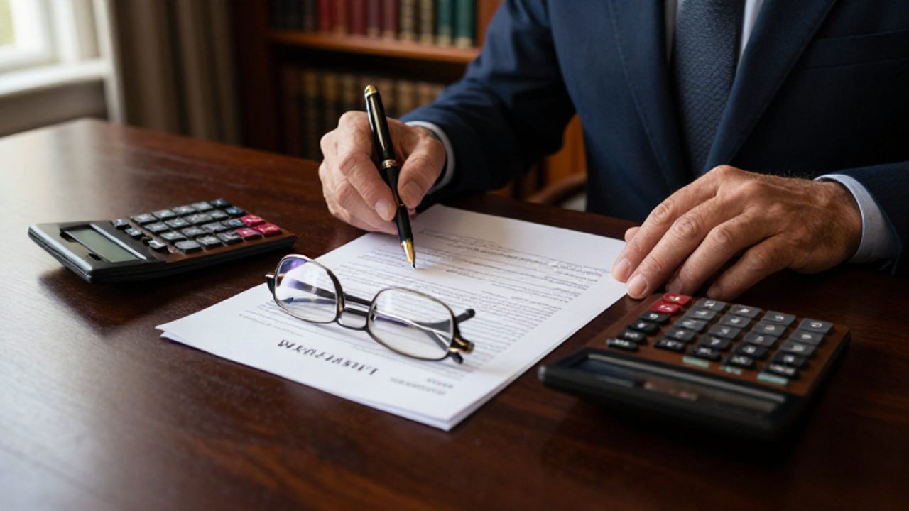Manos organizando documentos financieros, una pluma y una calculadora sobre un escritorio de madera, con una póliza de seguro de vida en primer plano.