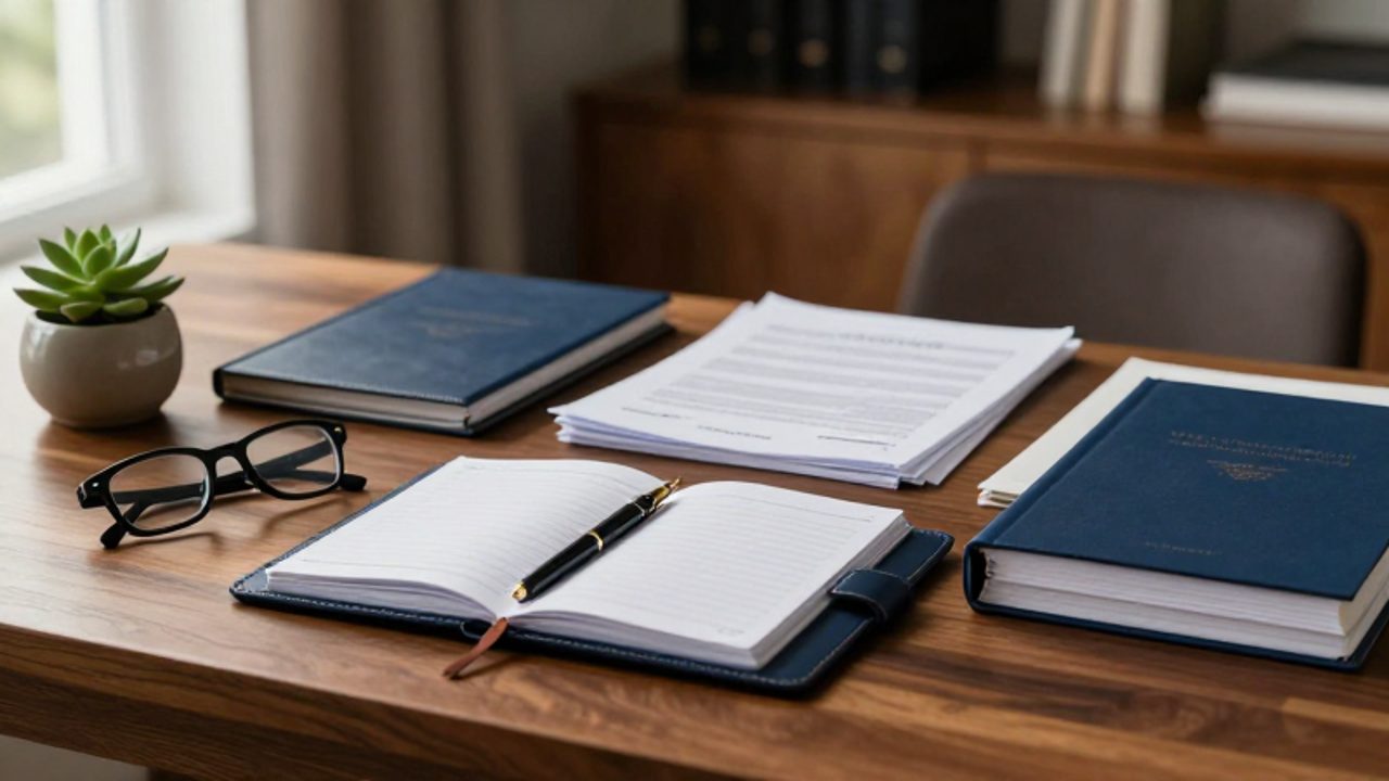 Escritorio ordenado con una agenda abierta, documentos, bolígrafo y una pequeña planta sobre una superficie de madera, transmitiendo una sensación de planificación y estabilidad financiera.