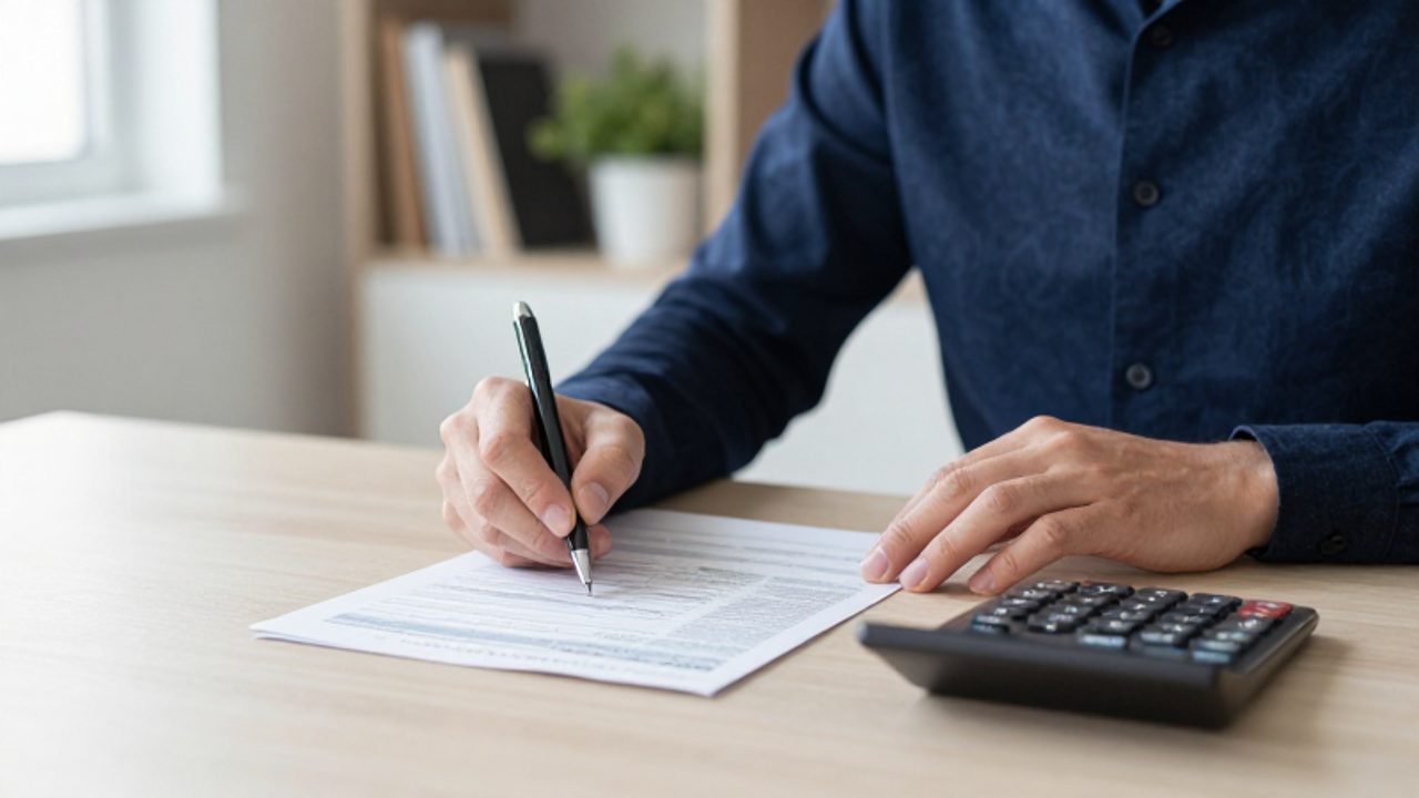 Persona trabajando concentrada en un escritorio de oficina revisando documentos fiscales y usando una calculadora.