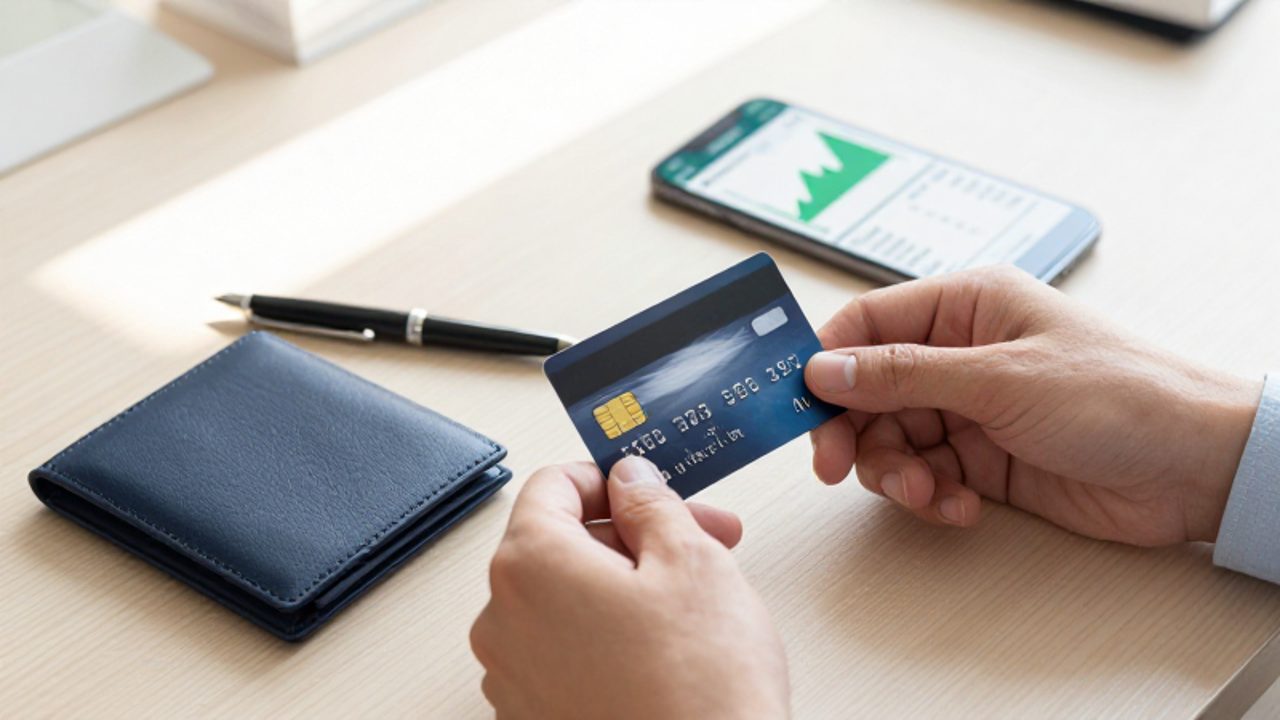Manos organizando finanzas sobre un escritorio con una tarjeta de crédito, una cartera y un smartphone que muestra gráficos de crecimiento bancario.