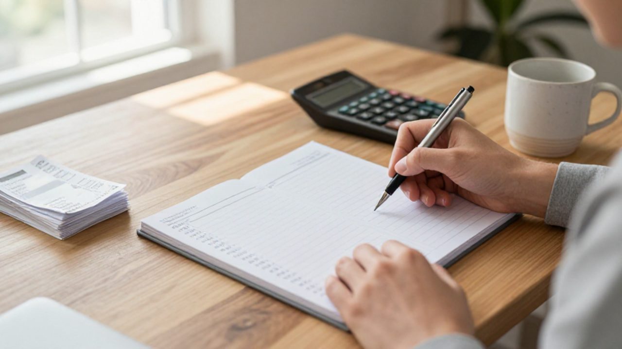 Manos organizando finanzas personales en un cuaderno de planificación sobre un escritorio ordenado con una calculadora y recibos.