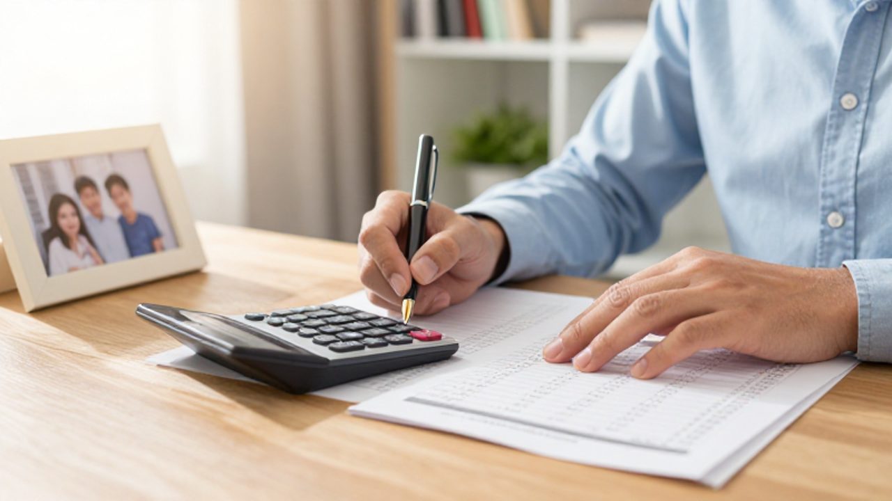 Manos de una persona utilizando una calculadora y un bolígrafo para anotar cifras en una hoja de cálculo financiera junto a una fotografía familiar.