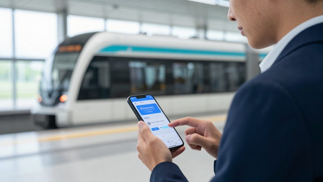Un joven profesional utiliza una aplicación móvil en una estación de transporte moderna mientras un tren eléctrico llega a la plataforma al fondo.