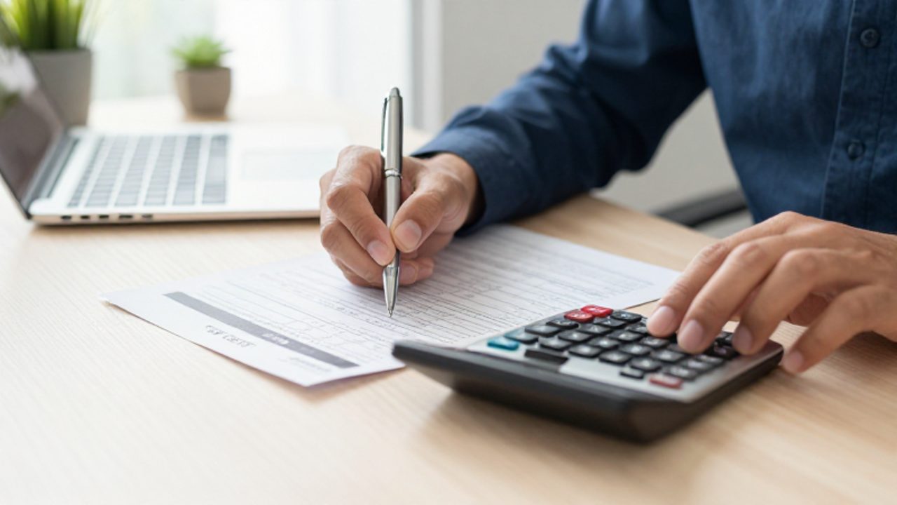Manos organizando facturas médicas y documentos financieros sobre un escritorio con una calculadora y un bolígrafo para planificar un presupuesto.