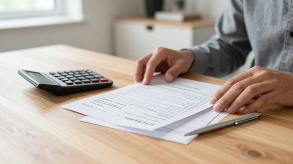 Manos organizando facturas médicas, una calculadora y un bolígrafo sobre un escritorio de madera para la gestión de gastos financieros.