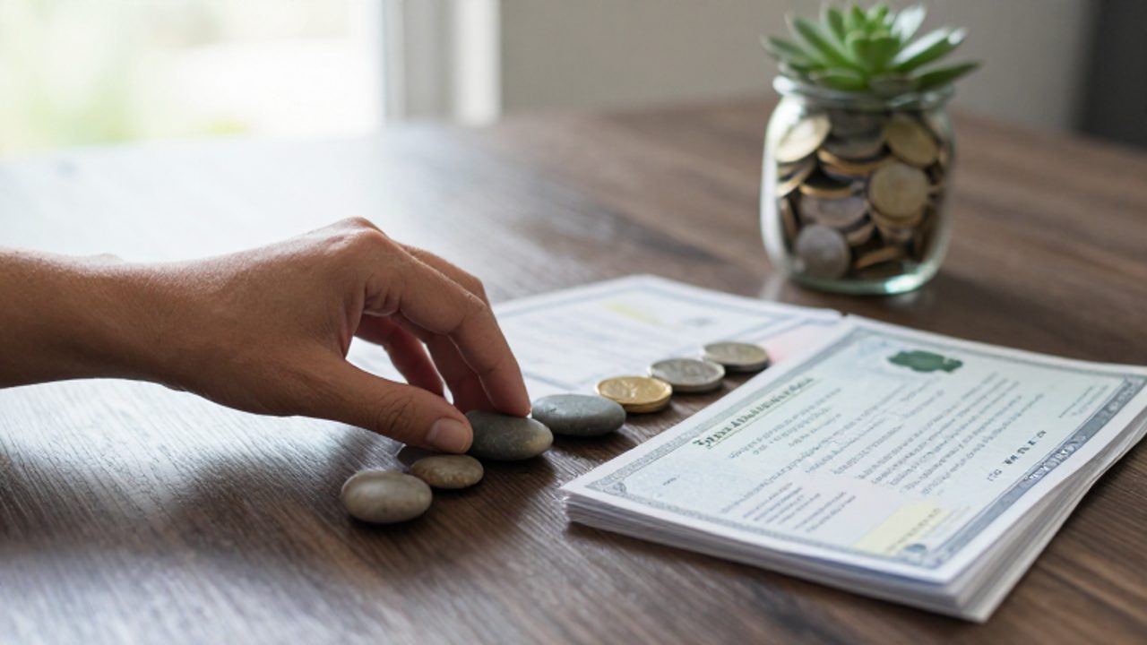 Manos organizando piedras de río y certificados de bonos sobre un escritorio de madera, simbolizando la estabilidad de un portafolio financiero.