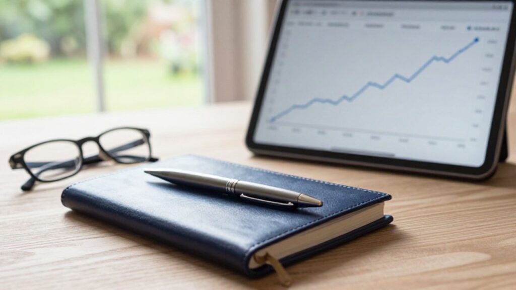 Cuaderno, bolígrafo y gafas sobre un escritorio de oficina iluminado con un gráfico financiero de crecimiento constante en una tableta al fondo.