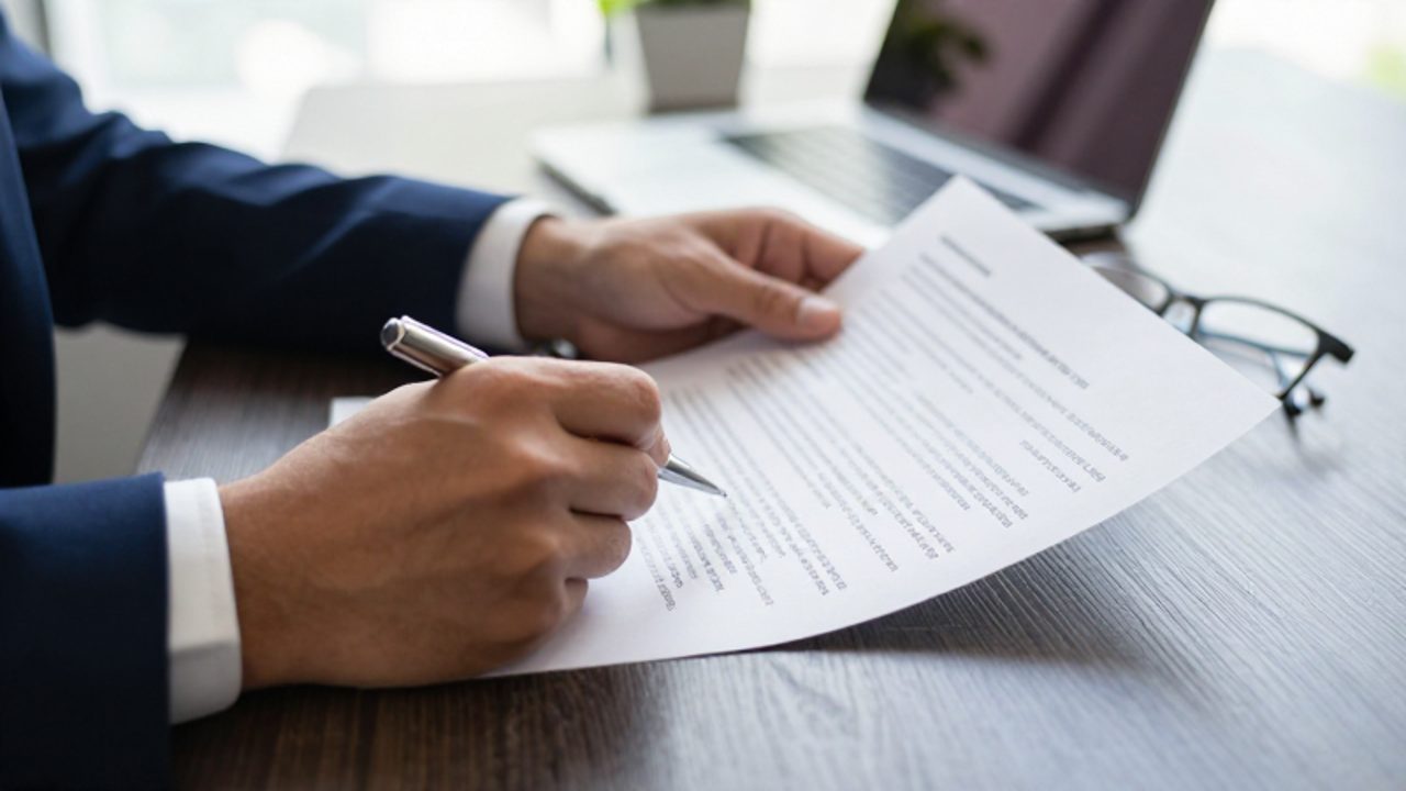 Un inversor señala con un bolígrafo una sección resaltada en un prospecto financiero sobre un escritorio de madera.