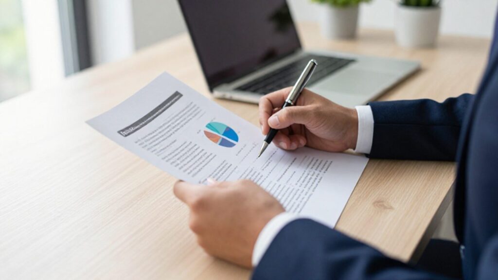 Manos de una persona revisando un prospecto de inversión con tablas y gráficos sobre un escritorio de madera.