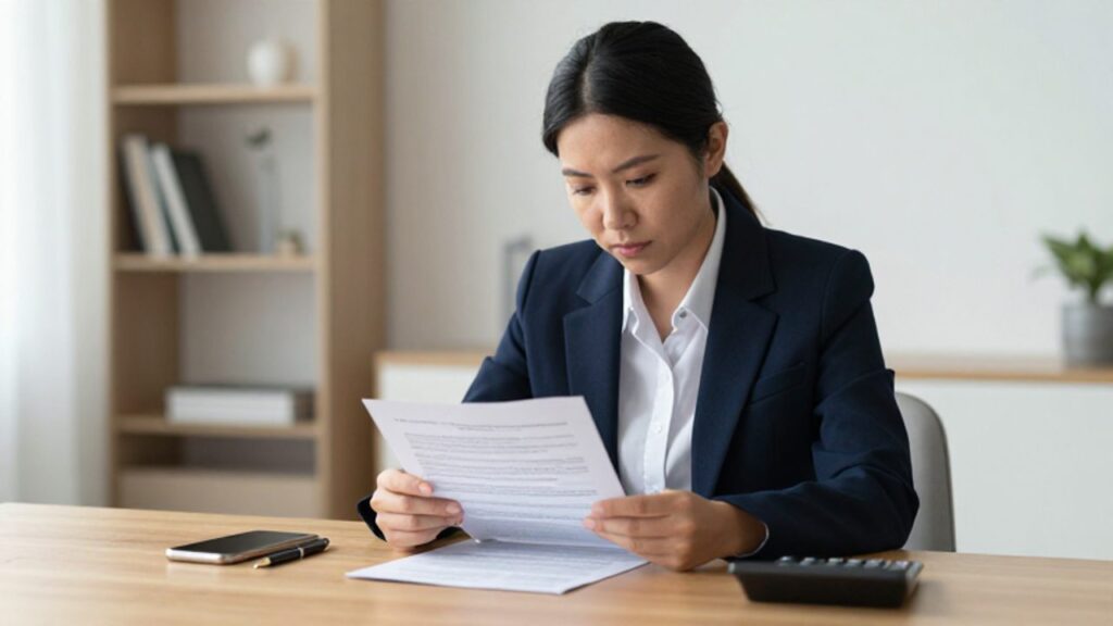 Persona profesional revisando documentos legales y estados bancarios con calma en un escritorio organizado.