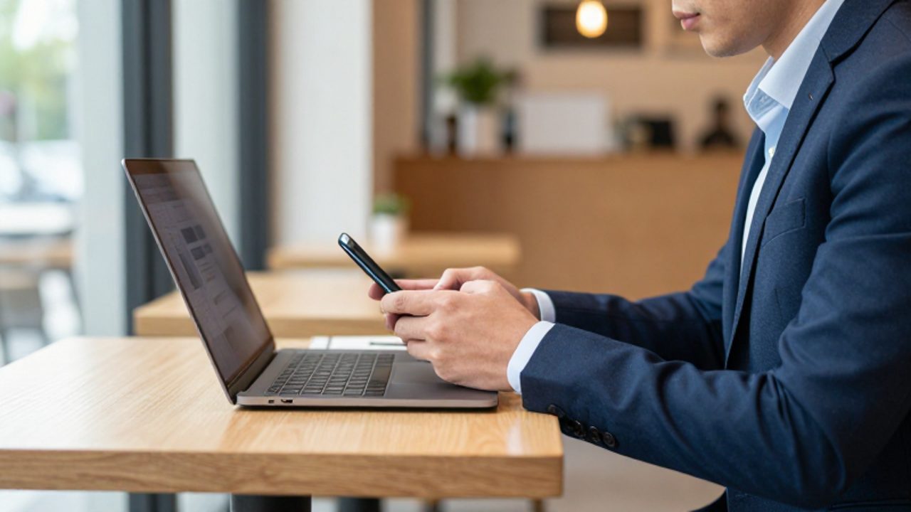 Persona trabajando de forma tranquila en un café moderno utilizando un ordenador portátil y un smartphone para mantener una conexión segura.