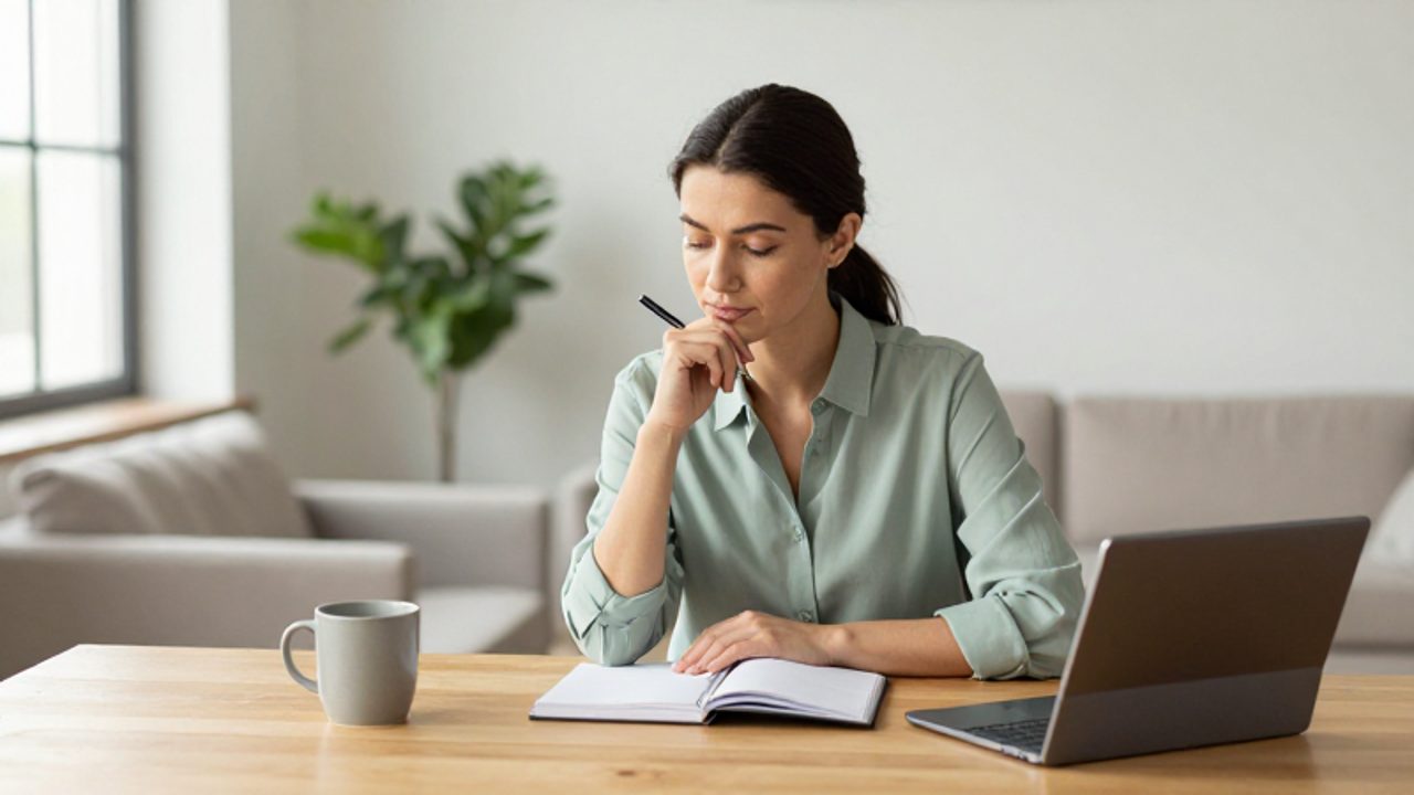 Mujer joven sentada en un escritorio luminoso reflexionando frente a un cuaderno, simbolizando la introspección necesaria para el aprendizaje financiero.