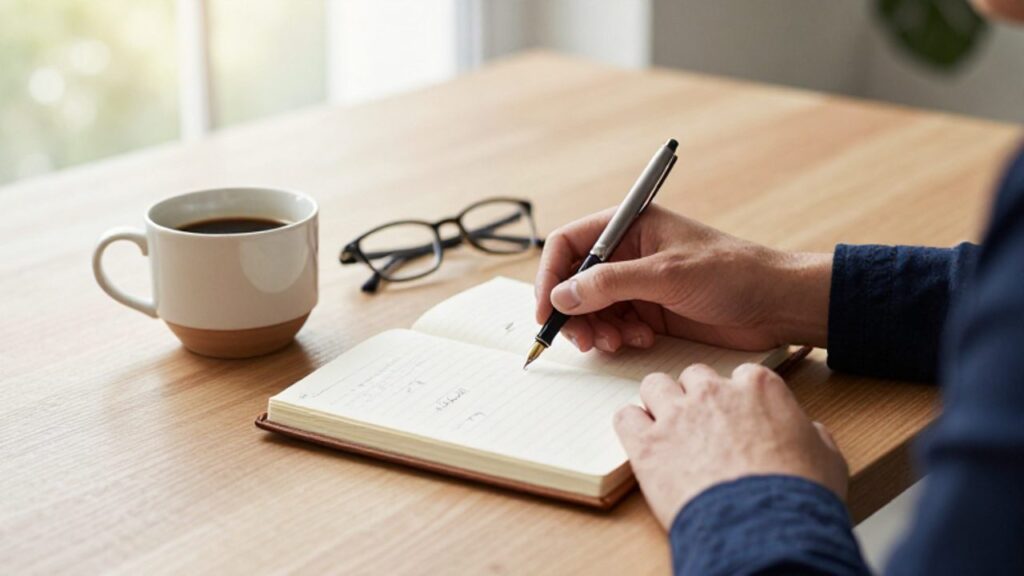 Manos apoyadas sobre un cuaderno abierto con notas y gráficos financieros junto a una taza de café en un escritorio de madera.