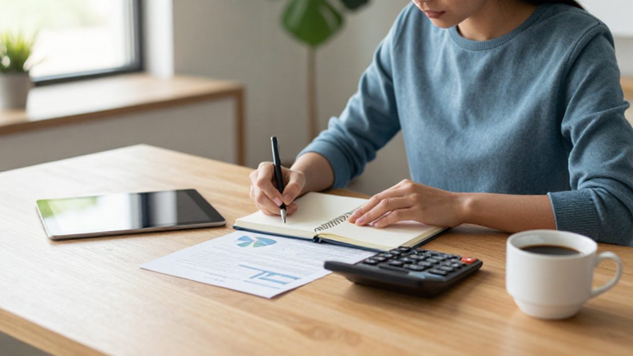 Persona sentada en un escritorio luminoso revisando documentos financieros y utilizando una calculadora para planificar su presupuesto.