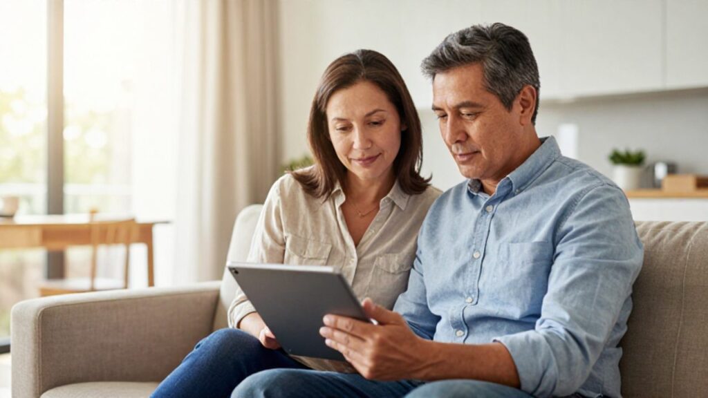 Pareja de mediana edad observa una tableta digital en su salón con expresión de tranquilidad y seguridad.