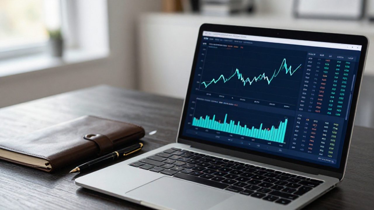 Pantalla de un ordenador portátil mostrando gráficos financieros y datos técnicos sobre un escritorio con un cuaderno y un bolígrafo.