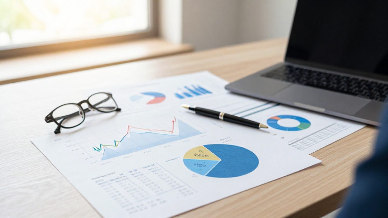 Un escritorio con documentos de análisis financiero, un portátil y un gráfico circular que muestra la distribución de una cartera de inversión.