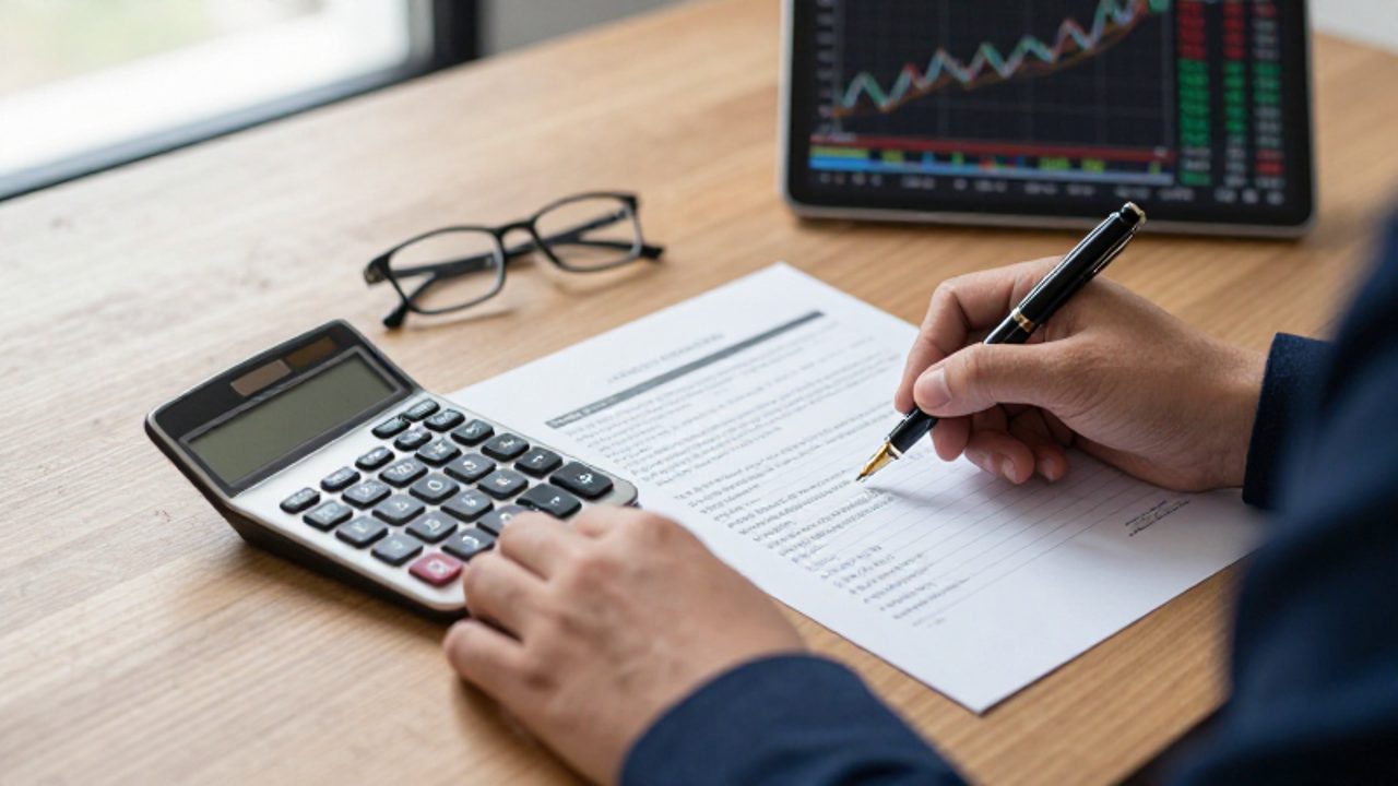 Manos de una persona realizando cálculos con una calculadora y una pluma sobre documentos financieros sobre un escritorio de madera.