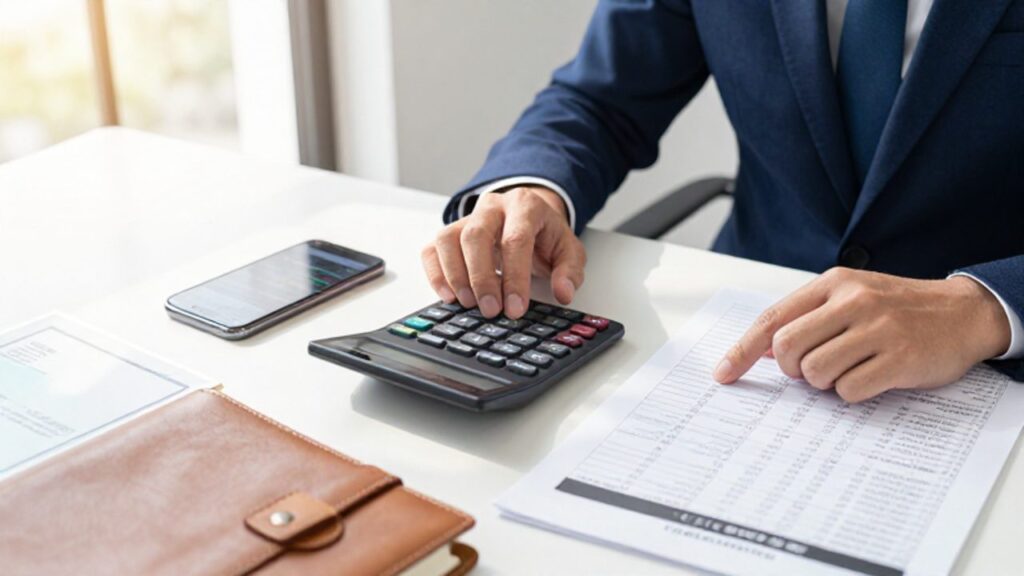 Manos de una persona utilizando una calculadora y una hoja de cálculo financiera junto a un teléfono con gráficos bursátiles para la gestión de impuestos de inversión.