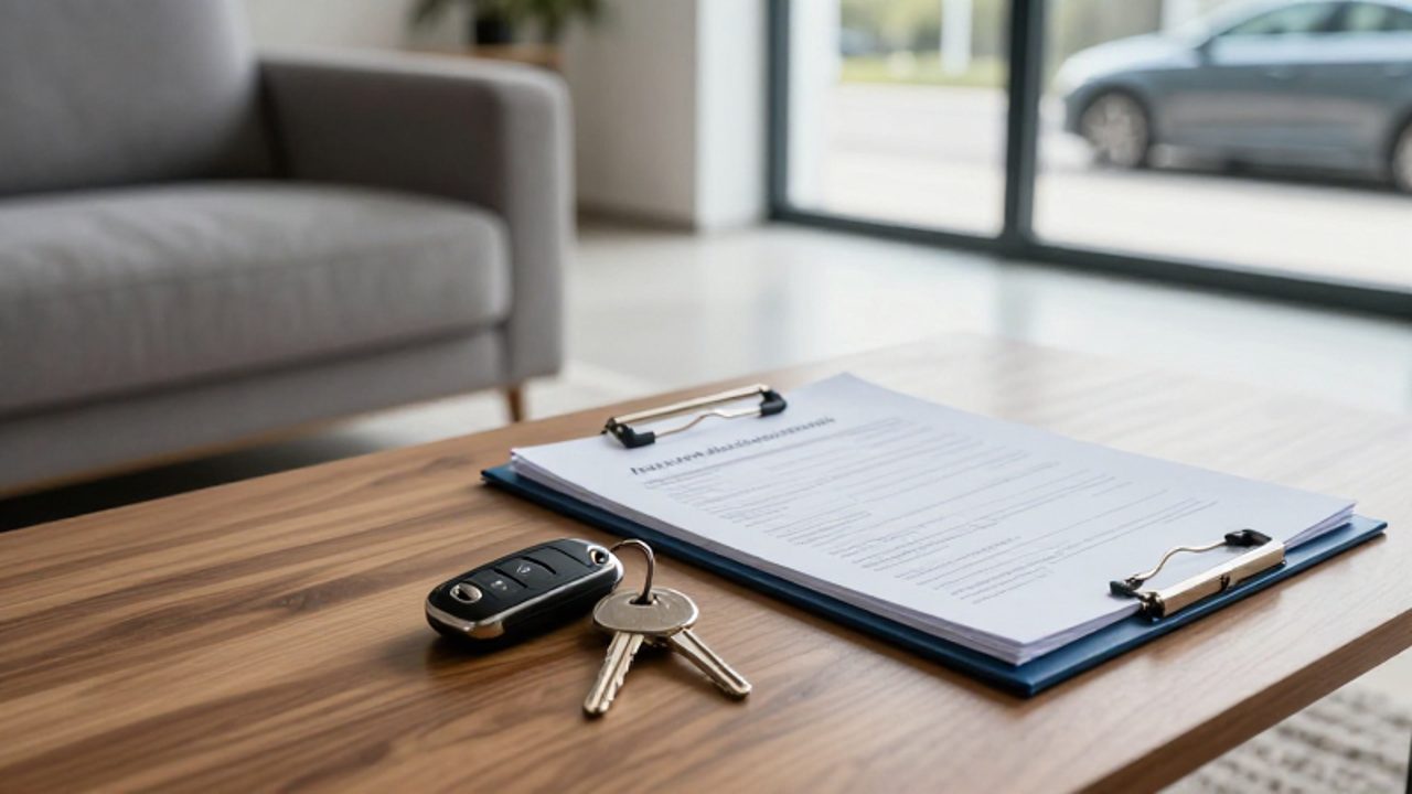 Llaves de un coche y de una casa junto a una carpeta de documentos sobre una mesa de madera en un salón luminoso.