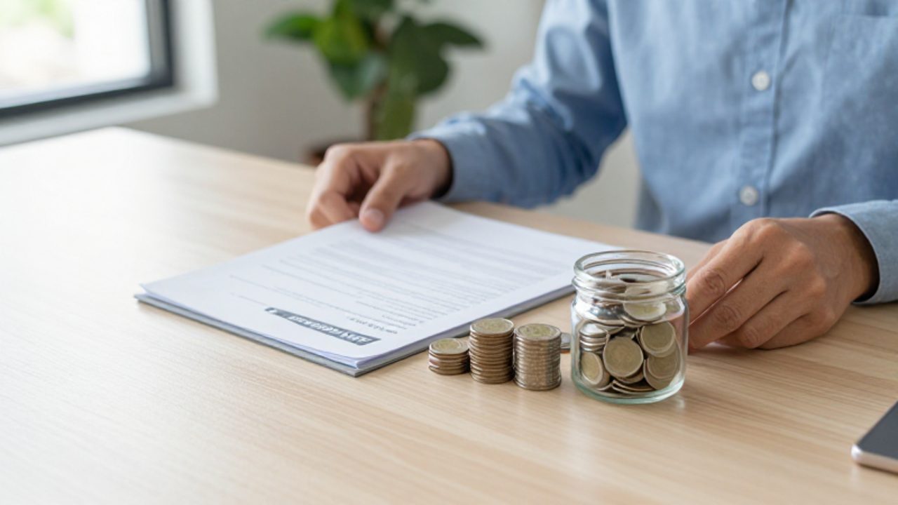 Manos organizando un documento de seguro junto a una pila de monedas y un frasco de ahorros sobre un escritorio de madera.