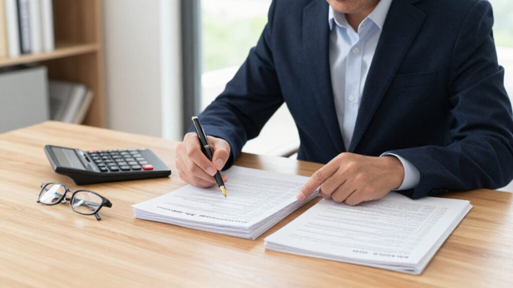 Inversor revisando documentos financieros y formularios de impuestos sobre un escritorio organizado en una oficina luminosa.