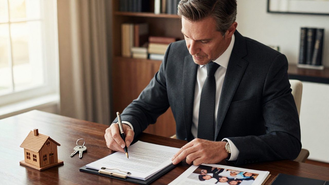 Hombre con traje revisando documentos legales junto a una foto familiar, una maqueta de una casa y unas llaves sobre un escritorio de madera.