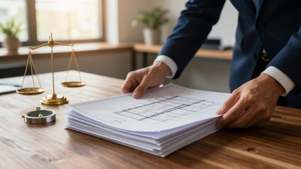 Manos organizando planos y documentos financieros sobre un escritorio de madera junto a una balanza y un compás.