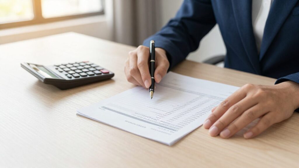Manos organizando documentos financieros, una calculadora y una lista de números sobre un escritorio de madera.