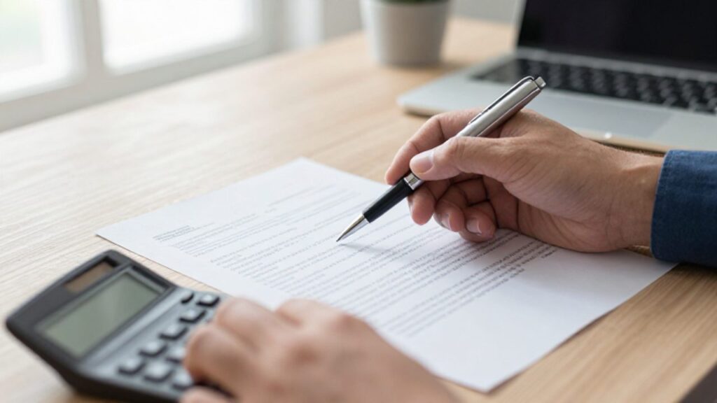 Manos revisando un contrato de préstamo sobre un escritorio con una calculadora, señalando los porcentajes de la tasa de interés.