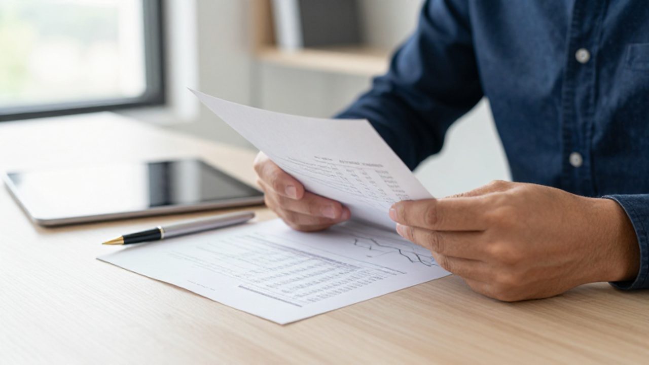 Manos revisando documentos financieros y una tableta sobre un escritorio con gráficos y datos numéricos.
