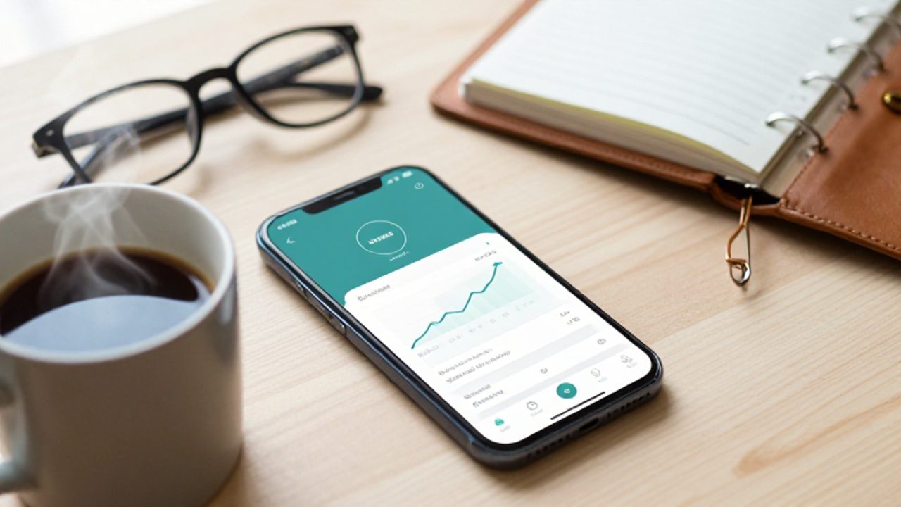 Smartphone sobre un escritorio de madera junto a una taza de café, mostrando una notificación de transferencia bancaria exitosa y un gráfico de crecimiento en su pantalla.