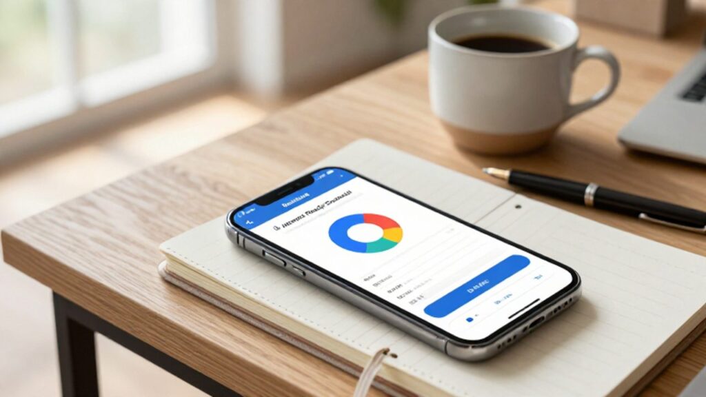 Smartphone mostrando una notificación de transferencia automática exitosa y un gráfico de presupuesto junto a una agenda sobre un escritorio de madera iluminado por luz natural.