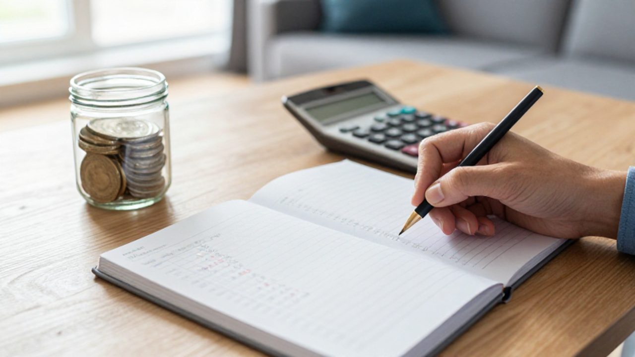 Un cuaderno con notas de presupuesto junto a una calculadora y un frasco con ahorros sobre un escritorio de madera.