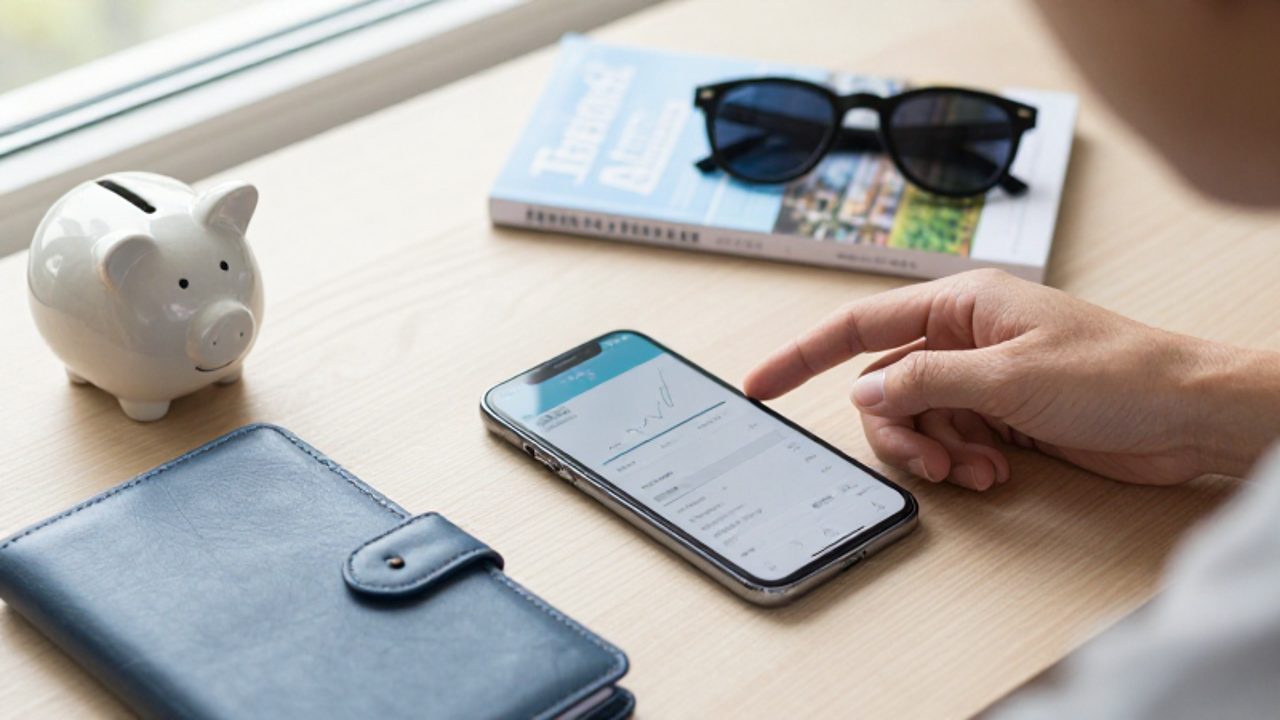 Smartphone sobre un escritorio junto a una agenda y una pequeña hucha cerámica, sugiriendo la organización de ahorros para un viaje.