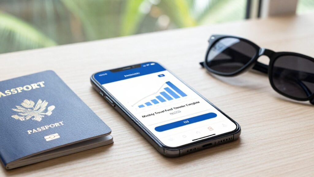 Smartphone sobre un escritorio junto a un pasaporte y gafas de sol, mostrando una aplicación bancaria con un gráfico de progreso de ahorros para viajes.