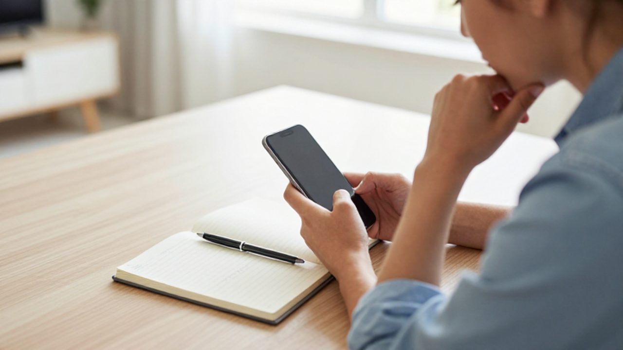 Persona sentada en un escritorio minimalista reflexionando frente a su smartphone mientras tiene un cuaderno de registro de gastos abierto.