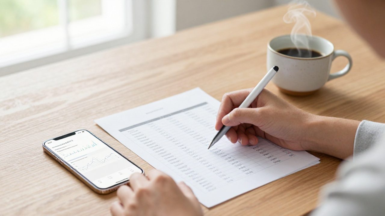Manos de una persona revisando una lista de gastos en un cuaderno sobre un escritorio organizado junto a un smartphone.