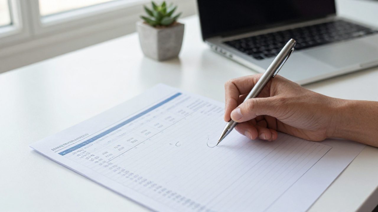 Una persona marca datos en una hoja de presupuesto y una agenda sobre un escritorio organizado para planificar sus gastos.