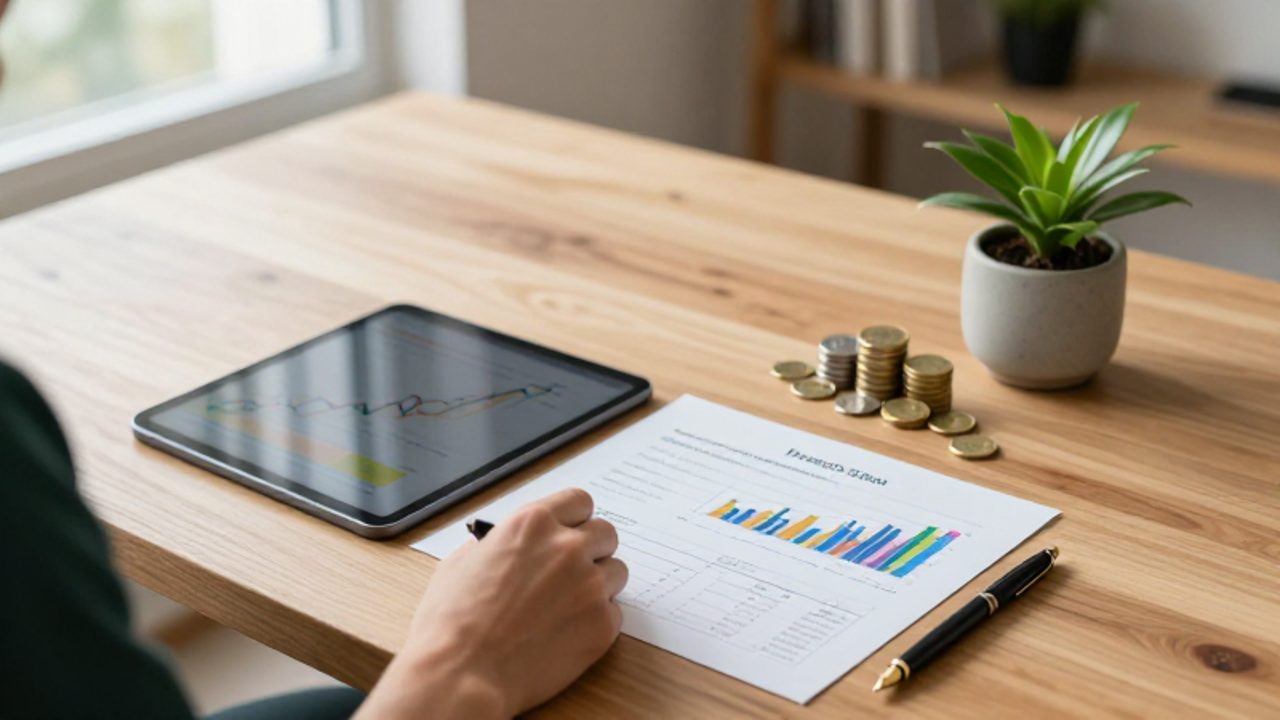 Persona organizando sobre un escritorio de madera una tableta con gráficos de crecimiento, monedas de oro y una planta pequeña para representar una cartera de inversión diversificada.